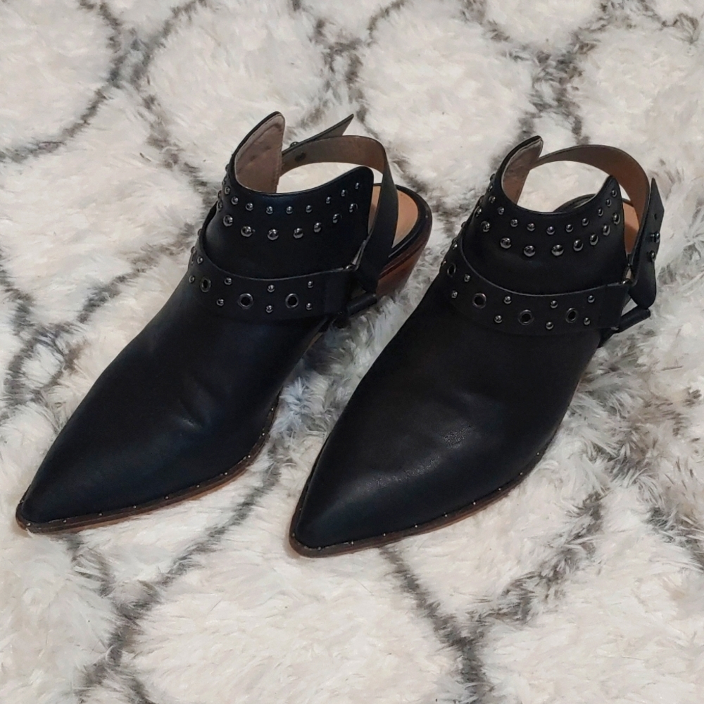 Black stacked leather heels